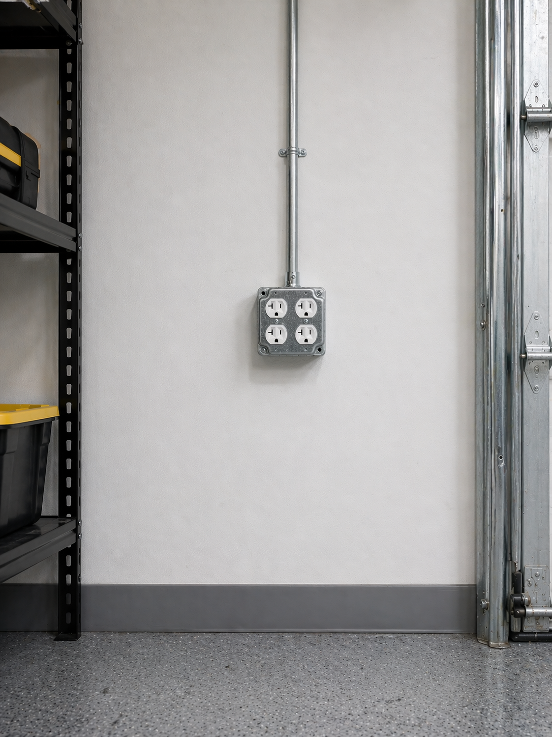 Garage quad outlet installation with metal box and conduit